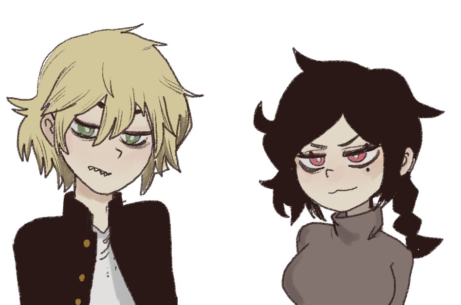 1boy 1girl andrew_graves_(the_coffin_of_andy_and_leyley) ashley_graves black_hair black_jacket blonde_hair chainsaw_man cosplay crossover denji_(chainsaw_man)_(cosplay) green_eyes jacket mole mole_under_eye mossacannibalis nayuta_(chainsaw_man) nayuta_(chainsaw_man)_(cosplay) nemlei_(style) official_style pink_eyes sharp_teeth shirt simple_background smile sweater teeth the_coffin_of_andy_and_leyley trait_connection white_background white_shirt
