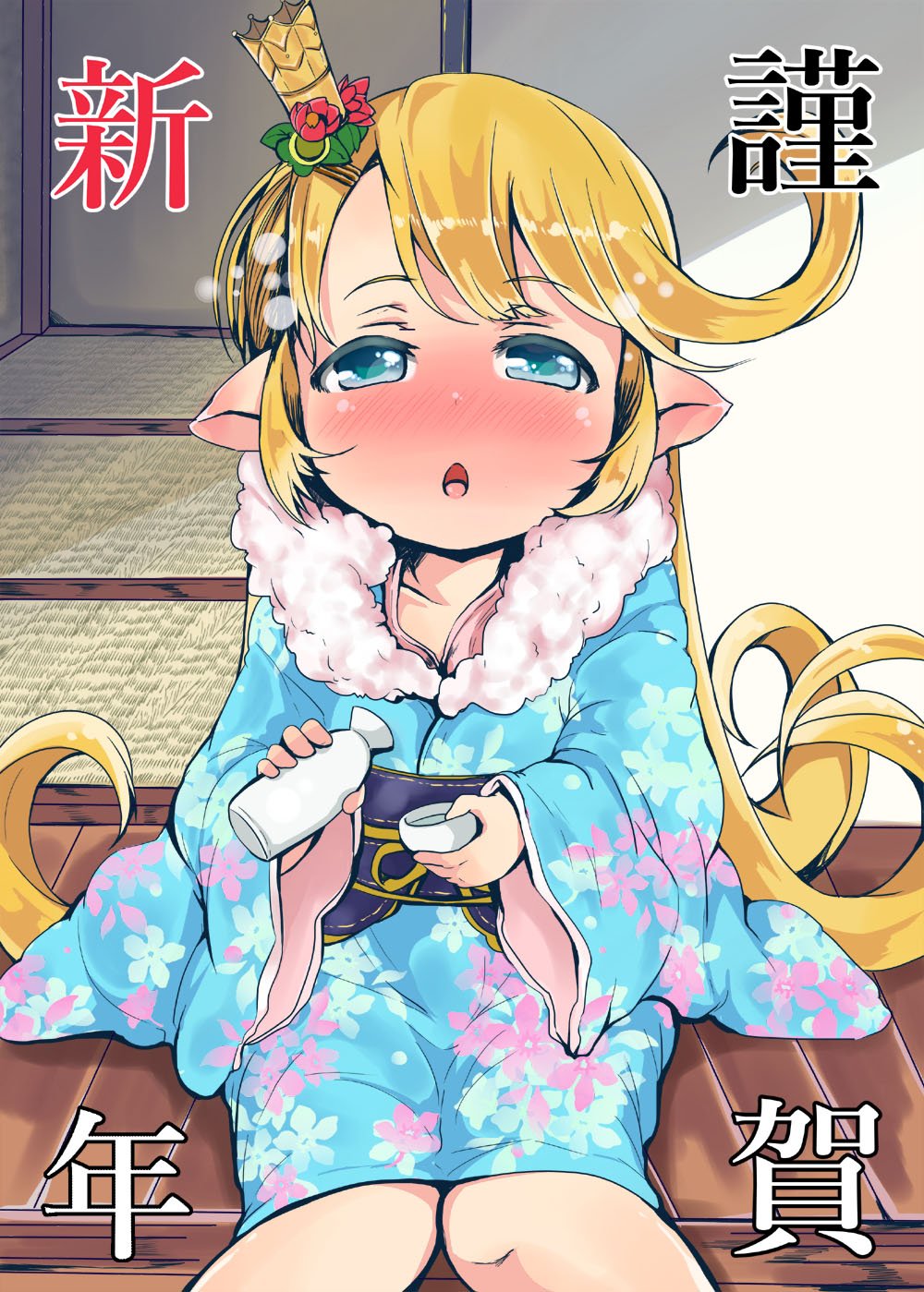 1girl alcohol blonde_hair blush charlotta_(granblue_fantasy) choko_(cup) crown cup drunk furisode granblue_fantasy harvin harvin highres japanese_clothes kimono mini_crown pointy_ears sake shi_ecchi sitting tokkuri