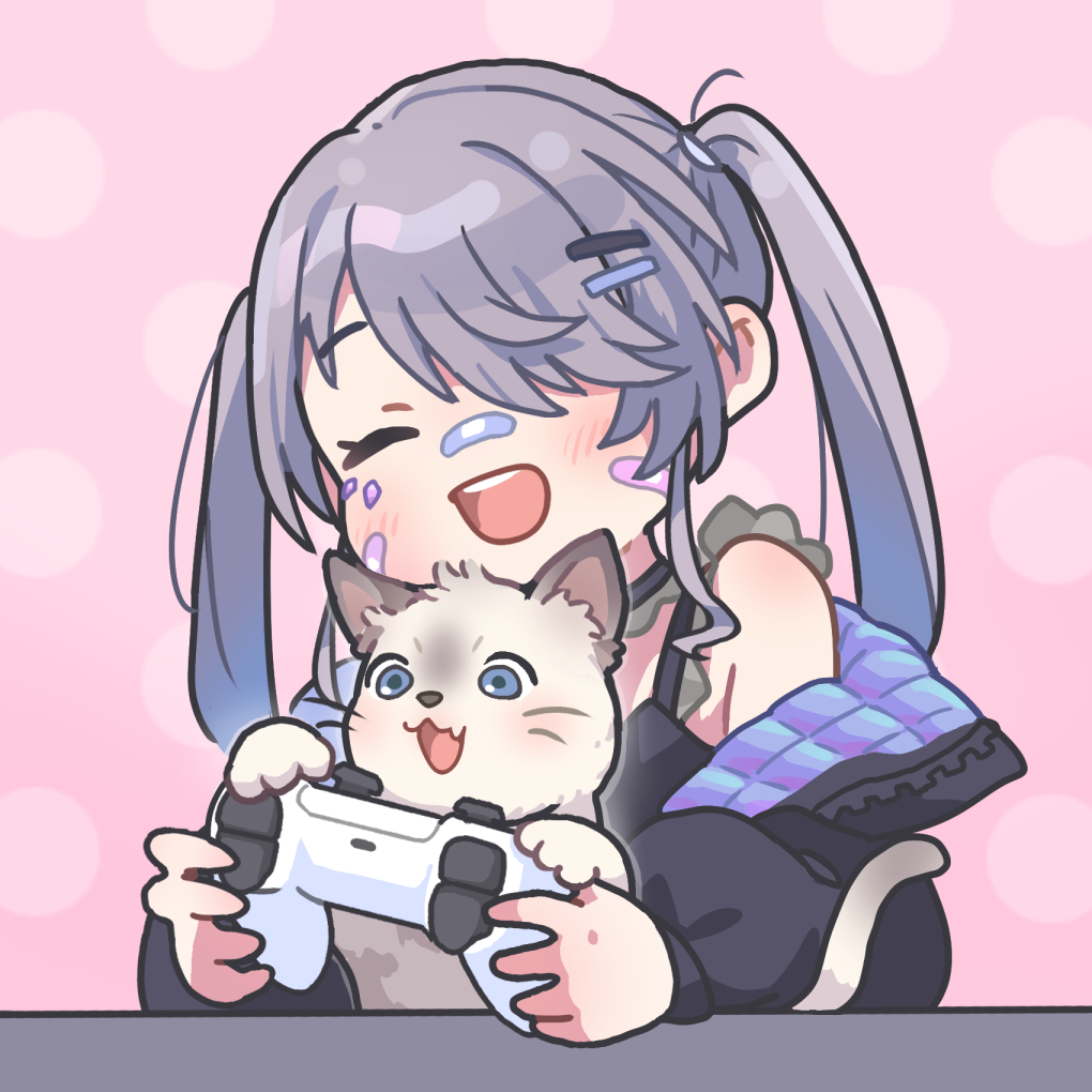 1girl animal bandaid bandaid_on_cheek bandaid_on_face bandaid_on_nose black_jacket black_shirt cat closed_eyes collar controller detached_collar frilled_collar frilled_shirt frills game_controller grey_hair holding holding_controller holding_game_controller hololive hololive_english jacket jewel_under_eye john_cat_(koseki_bijou) kitten koseki_bijou koseki_bijou_(casual) long_hair official_alternate_costume official_alternate_hairstyle ogawagawagaw open_mouth playstation_controller quilted_jacket shirt solo twintails virtual_youtuber