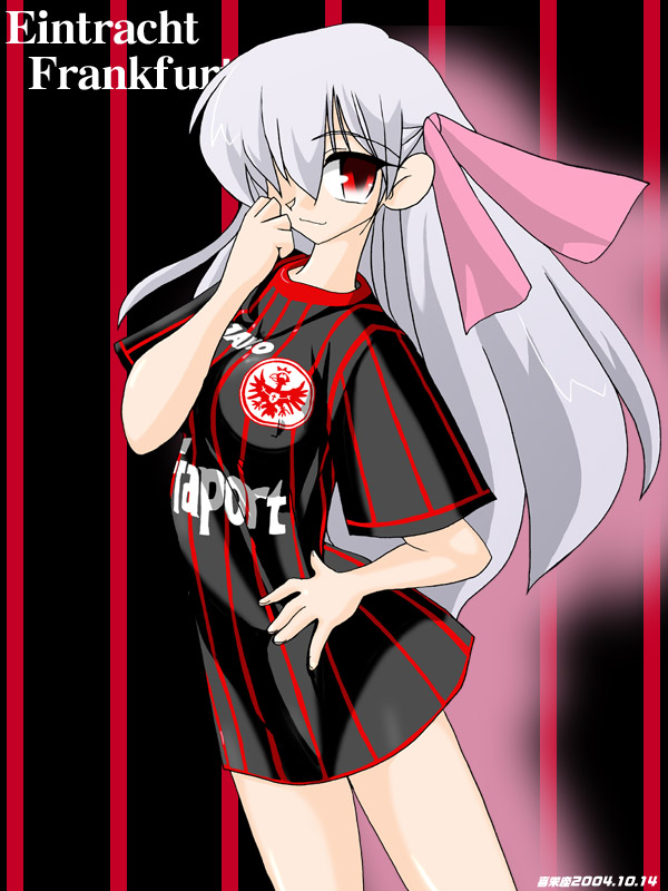 2004 archived_source dark_sakura dated eintracht_frankfurt fate/stay_night fate_(series) hair_ribbon jersey kieyza long_hair looking_at_viewer matou_sakura no_pants ribbon soccer soccer_uniform solo sportswear white_hair