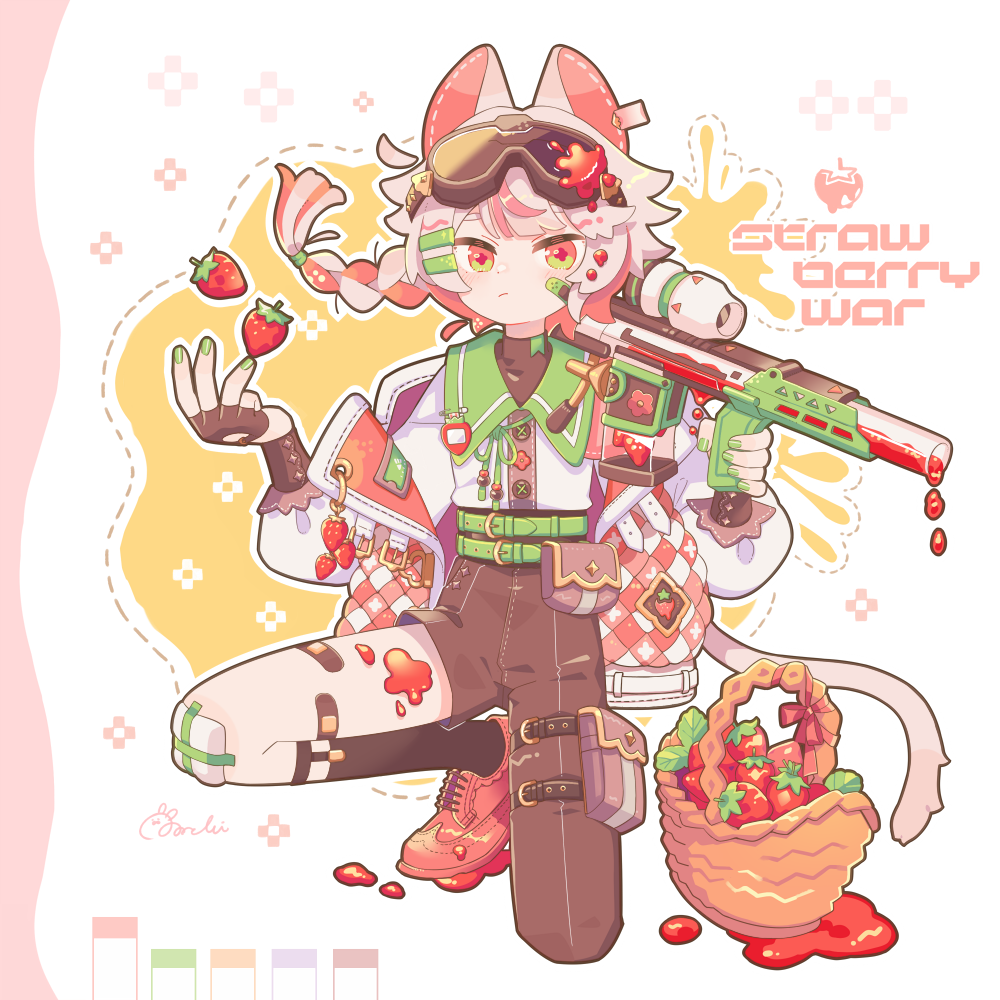 1boy animal_ears asymmetrical_clothes bandaid basket belt blush braid brown_gloves brown_pants brown_socks cat_boy cat_ears cat_tail check_gender closed_mouth collared_shirt color_guide commentary_request fingerless_gloves food fruit full_body gender_request gloves goggles goggles_on_head green_belt green_nails green_ribbon gun hand_up holding holding_gun holding_weapon long_sleeves looking_at_viewer male_focus multicolored_hair nail_polish neck_ribbon original outline pants red_eyes red_hair red_shoes ribbon shirt shoes short_hair signature single_pantsleg socks solo sorata123 strawberry streaked_hair tail weapon white_outline white_shirt