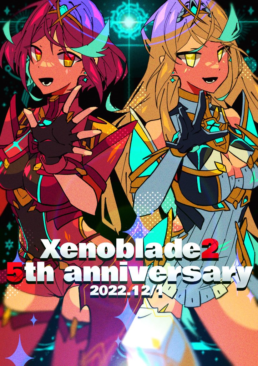2girls bare_shoulders black_gloves blonde_hair breasts chest_jewel cleavage cleavage_cutout clothing_cutout dress fingerless_gloves gloves large_breasts long_hair mugimugis multiple_girls mythra_(xenoblade) pyra_(xenoblade) red_eyes red_hair red_shorts short_dress short_hair short_shorts shorts swept_bangs very_long_hair white_dress xenoblade_chronicles_(series) xenoblade_chronicles_2 yellow_eyes