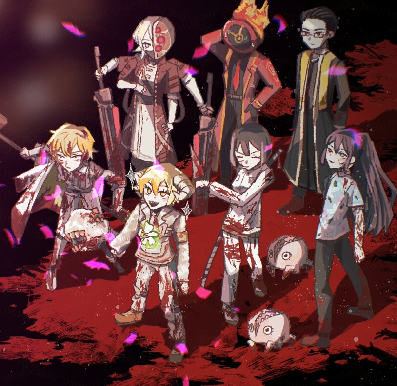 1other 3boys 3girls black_hair blonde_hair blood blood_in_hair blood_on_clothes blood_on_face blue_eyes blue_shirt bongy_(project_moon) clock closed_eyes closed_mouth coat coat_on_shoulders dante_(limbus_company) dieci_association_(identity)_(project_moon) don_quixote_(project_moon) e.g.o_(project_moon) extra_arms faust_(project_moon) fire full_body glasses green_eyes hair_slicked_back holding holding_sword holding_weapon hong_lu_(project_moon) jacket lantern_(e.g.o) limbus_company lobotomy_corporation lobotomy_corporation_(identity)_(project_moon) mechanical_arms meursault_(project_moon) multicrack_office_(identity)_(project_moon) multiple_boys multiple_girls n_corp._fanatic_(identity)_(project_moon) object_head open_mouth pants project_moon r.b._(identity)_(project_moon) red_coat ryoshu_(project_moon) sharp_teeth shirt short_hair short_sleeves sinclair_(project_moon) smile sweat sword teeth tingtang_gang_(identity)_(project_moon) tori_(alpaca-alpaca) weapon white_coat white_hair white_jacket white_pants yellow_eyes