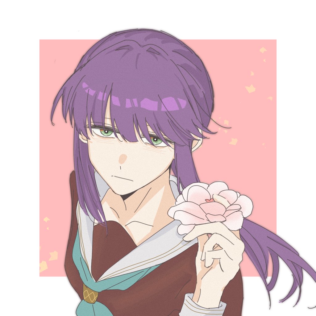 1girl aqua_neckerchief border brown_dress closed_mouth collarbone dress eyebrows_hidden_by_hair flower frown hair_intakes hasu_no_sora_school_uniform holding holding_flower link!_like!_love_live! long_sleeves looking_at_viewer lotus love_live! low_ponytail neckerchief official_alternate_hairstyle otomune_kozue outside_border pink_background pink_flower ponytail rai_(kn51ll) sailor_collar sailor_dress school_uniform sidelocks simple_background solo upper_body virtual_youtuber white_border white_sailor_collar winter_uniform