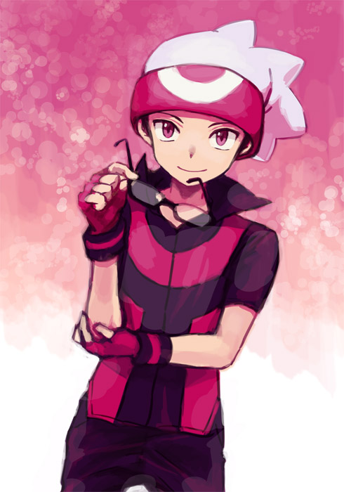 1boy beanie black_shirt brendan_(pokemon) cowboy_shot creatures_(company) game_freak gloves hand_on_own_elbow hand_up hat headband holding holding_removed_eyewear looking_at_viewer multicolored_shirt nintendo pokemon pokemon_adventures red_eyes red_gloves red_headband red_shirt semi-rimless_eyewear shirt short_sleeves smile unworn_eyewear white_hat yapo_(mess)