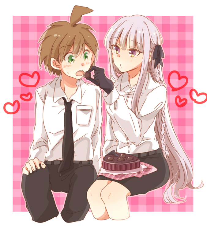 1boy 1girl ahoge black_gloves black_necktie black_pants black_ribbon black_skirt box box_of_chocolates brown_hair chocolate collared_shirt cowboy_shot danganronpa:_trigger_happy_havoc danganronpa_(series) feeding food gloves green_eyes hair_ribbon holding holding_chocolate holding_food kirigiri_kyoko long_hair naegi_makoto necktie pants purple_eyes purple_hair ribbon shirt short_hair skirt white_shirt zawameki
