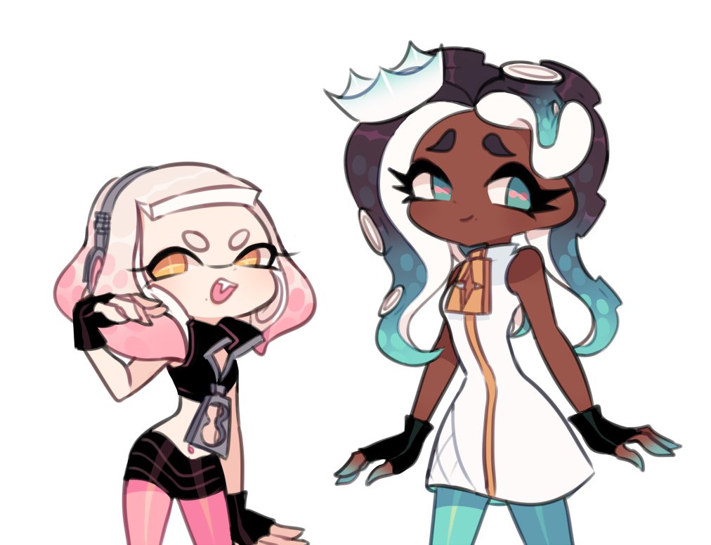 2girls alternate_costume bad_id bad_twitter_id bare_shoulders black_gloves black_hair black_shirt black_skirt blue_eyes blue_hair blue_pantyhose cephalopod_eyes charamells closed_mouth collared_shirt cowboy_shot crop_top crown dark-skinned_female dark_skin dress eyelashes fang fingerless_gloves gloves gradient_hair hand_up headphones height_difference high_collar long_hair looking_at_viewer marina_(off_the_hook_outfit)_(splatoon) marina_(splatoon) medium_hair miniskirt mole mole_under_mouth multicolored_hair multiple_girls navel nintendo open_mouth pantyhose partially_unzipped pearl_(off_the_hook_outfit)_(splatoon) pearl_(splatoon) pink_hair pink_pantyhose pink_pupils shirt short_dress simple_background skirt sleeveless sleeveless_dress sleeveless_shirt smile splatoon_(series) stomach teeth tentacle_hair turtleneck turtleneck_dress upper_teeth_only white_background white_crown white_dress white_hair yellow_eyes zipper zipper_pull_tab
