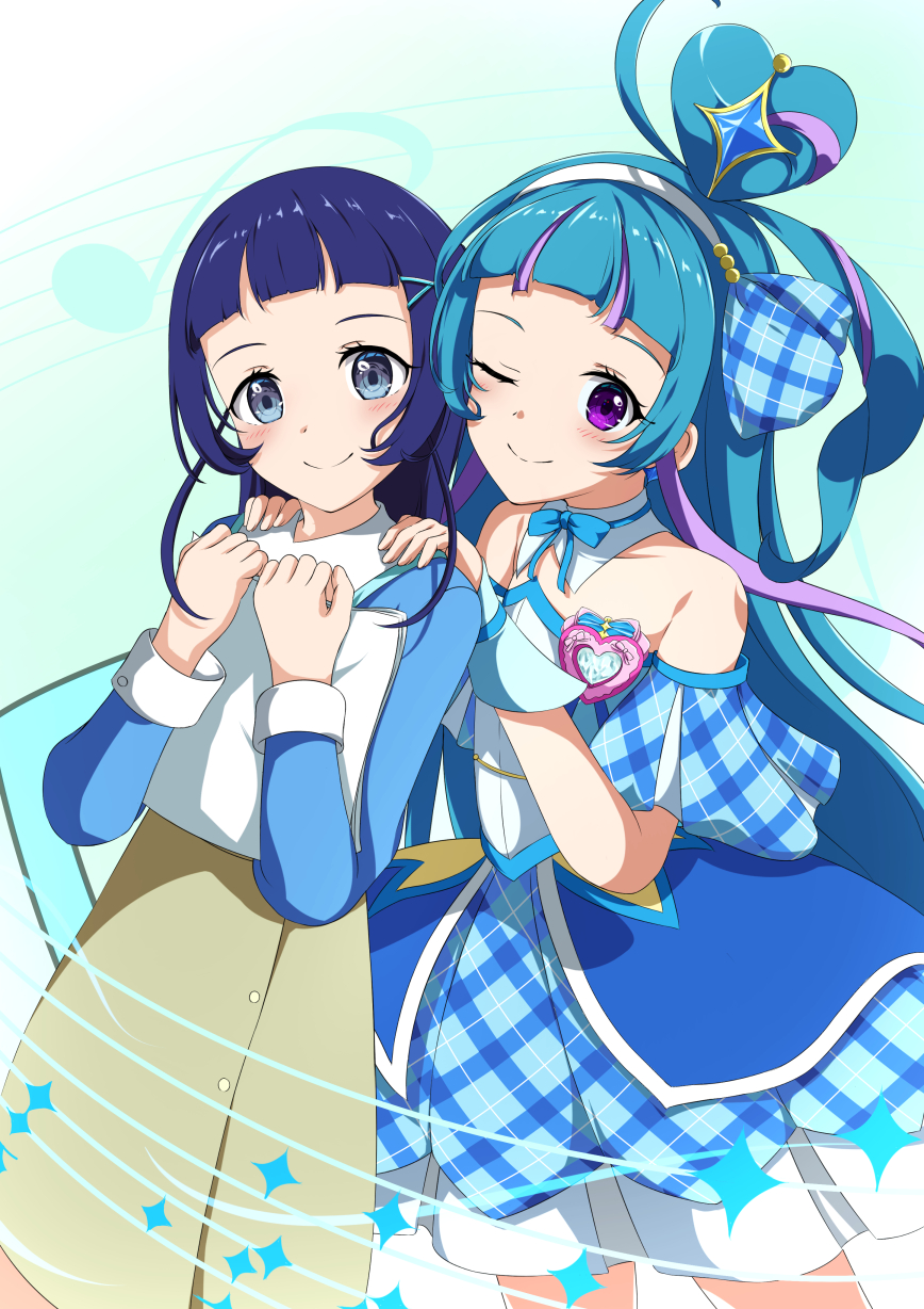 2girls ;) aokaze_nana bare_shoulders blue_bow blue_dress blue_eyes blue_hair blue_shirt blush bow brown_skirt closed_mouth commentary_request cure_wink dress dual_persona hair_ornament hairclip hands_on_another&#039;s_shoulders hands_up heart high-waist_skirt highres kimi_to_idol_precure long_sleeves multicolored_hair multiple_girls one_eye_closed pink_hair pleated_dress precure purple_eyes purple_hair shirt skirt smile streaked_hair tsuyukina_fuzuki wrist_cuffs