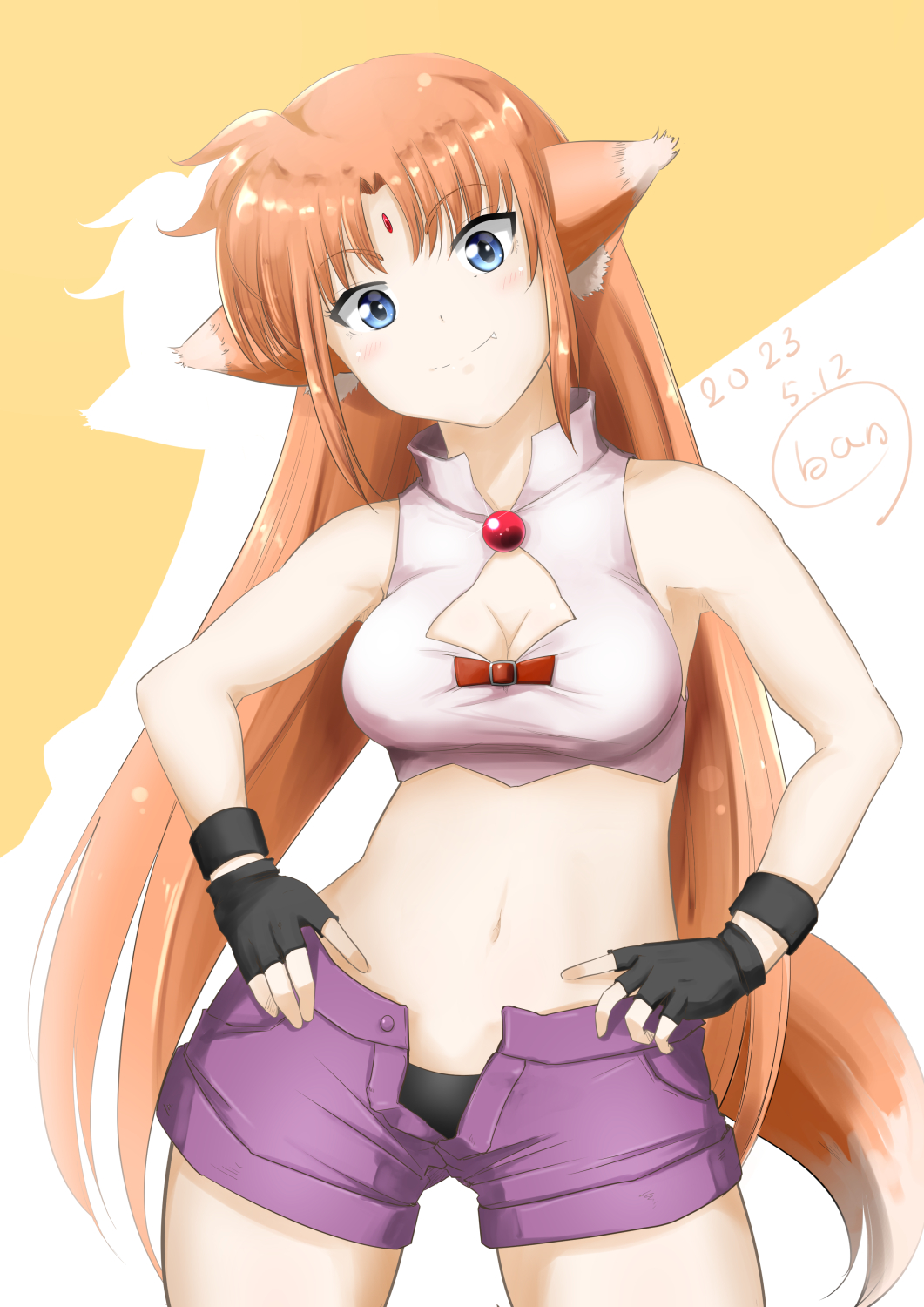 1girl animal_ears arf ban_(777purin) black_gloves black_panties blue_eyes blush breasts brown_hair cleavage closed_mouth dated fang fingerless_gloves gloves highres long_hair looking_at_viewer lyrical_nanoha medium_breasts midriff navel open_clothes open_shorts panties purple_shorts shorts signature simple_background smile solo tail underwear wolf_ears wolf_girl wolf_tail
