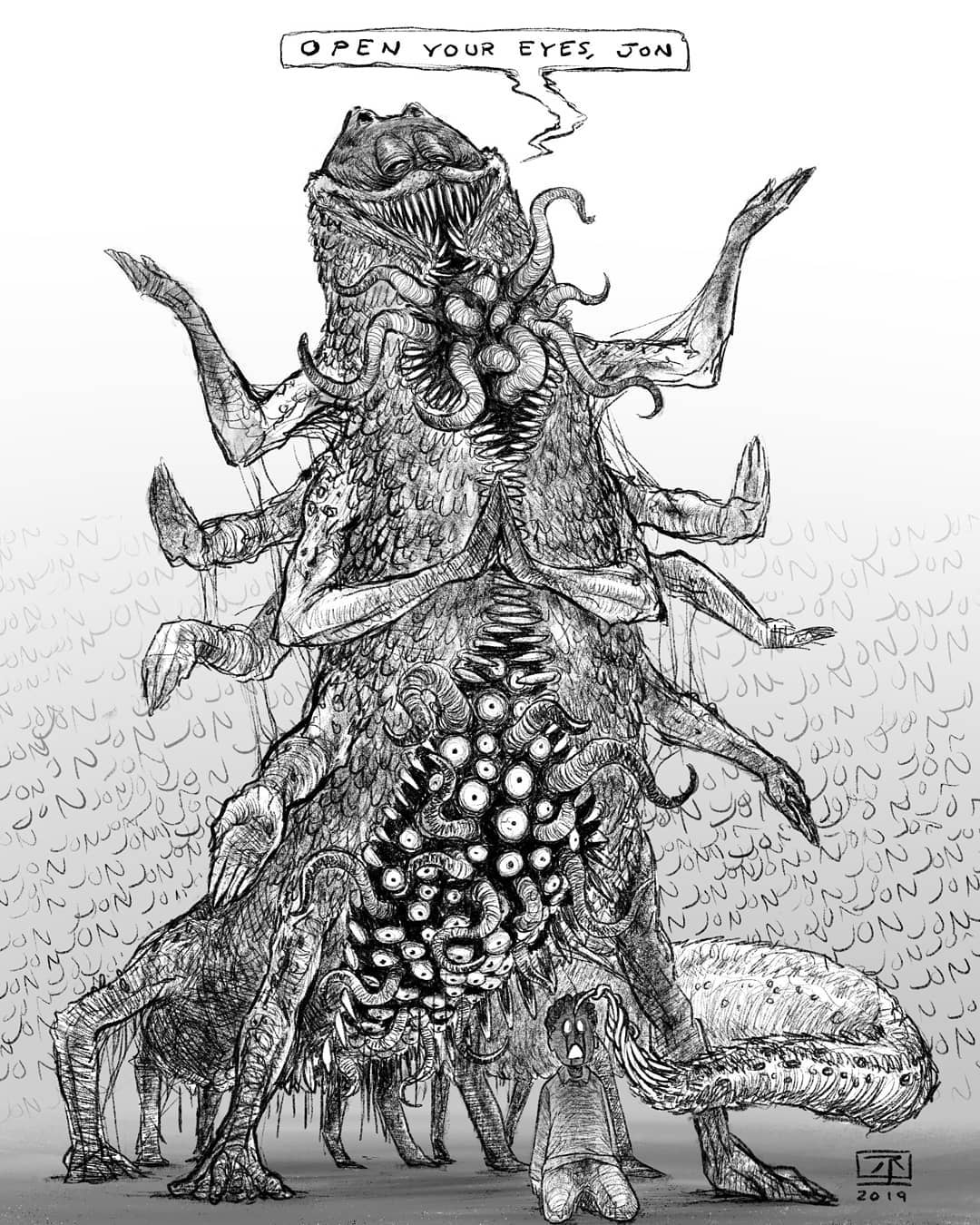 2019 all_fours animal_ears arms_up body_horror cat cat_ears dated eldritch_abomination english_text extra_arms extra_eyes extra_legs garfield garfield_(character) half-closed_eyes highres horror_(theme) jon_arbuckle jr_(jarsarts) kneeling mind_control no_pupils simple_background speech_bubble tail teeth tentacles white_eyes