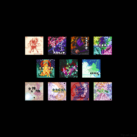 6+girls album_cover black_background collage commentary cover derivative_work double_dealing_character embodiment_of_scarlet_devil flandre_scarlet hidden_star_in_four_seasons hijiri_byakuren houraisan_kaguya imperishable_night junko_(touhou) legacy_of_lunatic_kingdom lowres matara_okina mountain_of_faith multiple_girls nishida_satono perfect_cherry_blossom phantasmagoria_of_flower_view pixel_art pixel_zima reiuji_utsuho saigyouji_yuyuko shiki_eiki silhouette simple_background subterranean_animism sukuna_shinmyoumaru teireida_mai ten_desires touhou toyosatomimi_no_miko undefined_fantastic_object video_game_cover_redraw yasaka_kanako