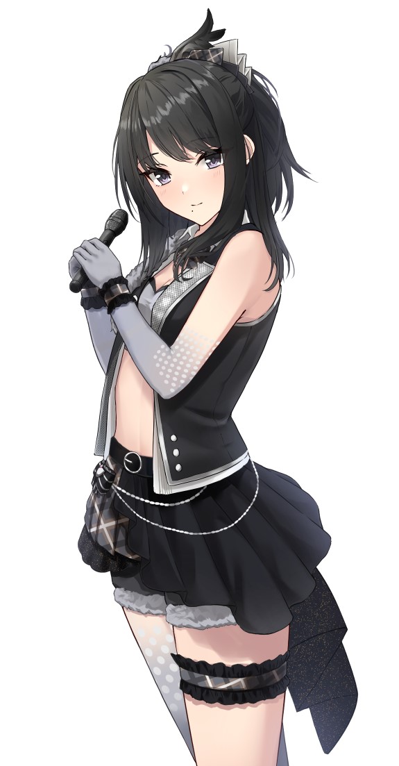 1girl ashiminoe black_hair black_shorts elbow_gloves from_side fur-trimmed_shorts fur_trim gloves grey_eyes grey_gloves holding holding_microphone idolmaster idolmaster_shiny_colors kazano_hiori long_hair looking_at_viewer looking_to_the_side microphone mole mole_under_mouth overcast_monochrome_(idolmaster) plaid_clothes plaid_scrunchie plaid_wrist_cuffs polka_dot_gloves polka_dot_pantyhose scrunchie shorts simple_background solo white_background wrist_cuffs
