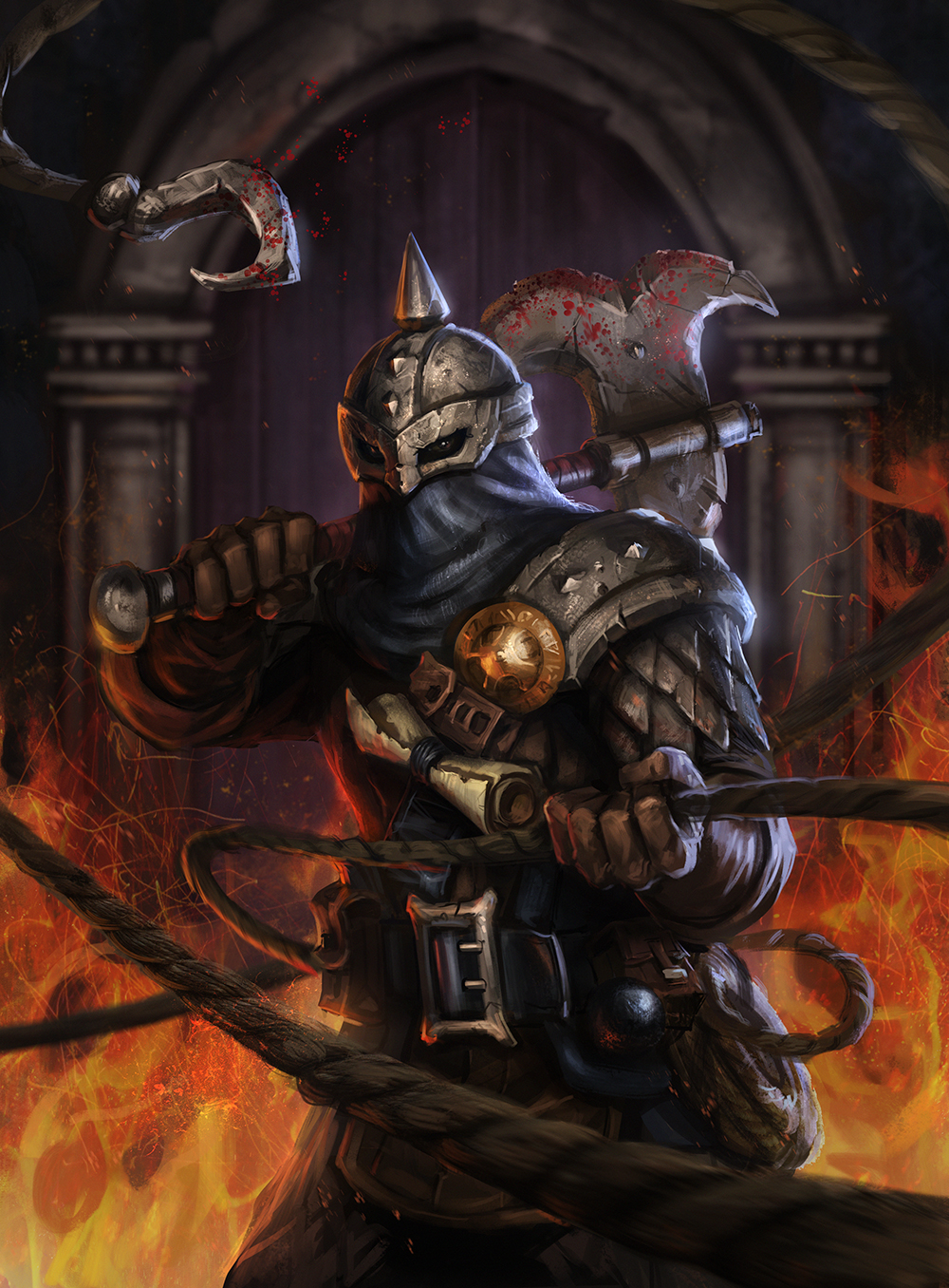 1boy armor axe belt bounty_hunter_(darkest_dungeon) commentary darkest_dungeon english_commentary gloves grappling_hook head_spikes helm helmet highres holding holding_axe holding_weapon hook mask scale_armor scroll shoulder_armor spiked_armor t-biddy weapon