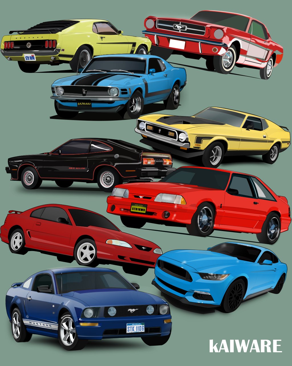 artist_name black_car blue_car car english_text ford_mustang ford_mustang_s197 ford_mustang_s550 green_background highres kaiware license_plate motor_vehicle muscle_car no_humans original red_car shadow simple_background spoiler_(automobile) vehicle_focus yellow_car