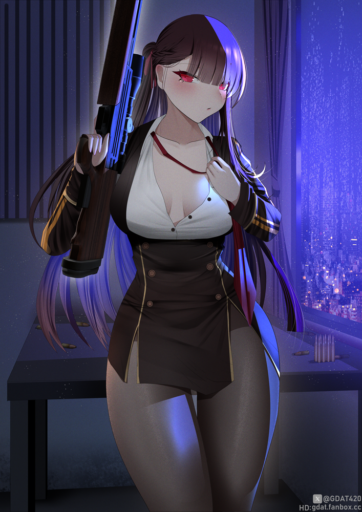 1girl breasts bullpup gdat girls&#039;_frontline grey_pantyhose gun holding holding_gun holding_weapon indoors jacket long_hair loose_necktie medium_breasts necktie pantyhose purple_hair red_eyes rifle shirt sniper_rifle solo untying very_long_hair wa2000_(girls&#039;_frontline) walther walther_wa_2000 weapon white_shirt window