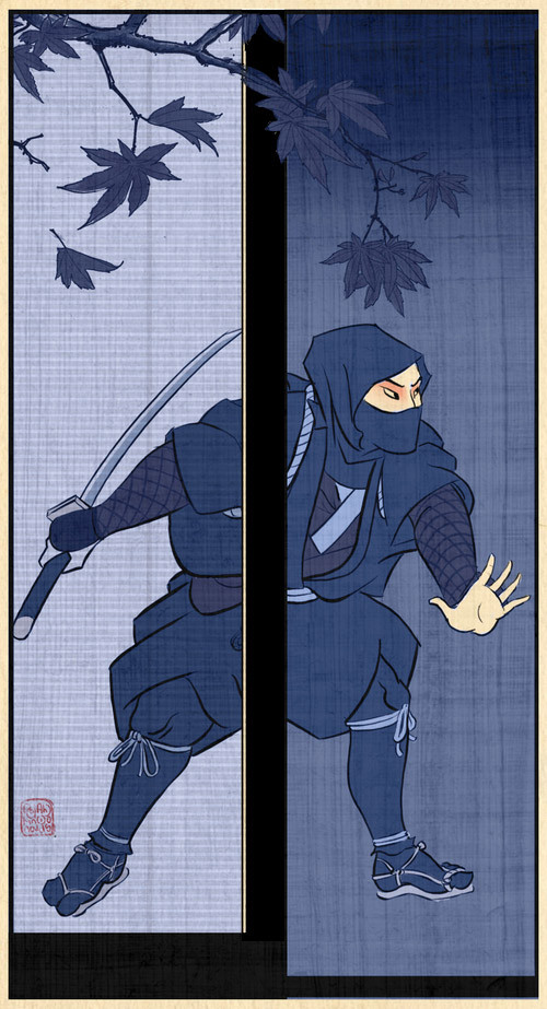 1boy black_eyes border branch clothing_request commentary english_commentary falling_leaves fine_art_parody fishnets from_side grey_background holding holding_sword holding_weapon hood hood_up katana knees leaf legs_apart male_focus nihonga ninja official_art parody ribbon roland_macdonald sandals solo spread_fingers squatting sword total_war total_war:_shogun_2 ukiyo-e weapon