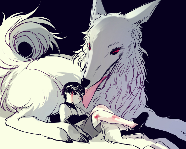 1boy 1other black_eyes black_hair expressionless hunter_x_hunter illumi_zoldyck injury kilva_lollop layered_sleeves long_sleeves male_focus mike_(hunter_x_hunter) short_hair short_over_long_sleeves short_sleeves shorts simple_background white_dog aged_down