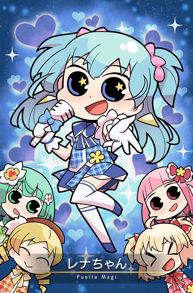 &gt;_&lt; 5girls ^_^ ahoge ayano_rika beckoning beret blonde_hair blue_background blue_bow blue_bowtie blue_eyes blue_footwear blue_hair blue_skirt blue_vest blunt_bangs bow bowtie brooch brown_hat card_(medium) character_name chibi closed_eyes closed_mouth drill_hair earrings flower flower_brooch frilled_bow frilled_gloves frills game_cg gloves gold_earrings green_bow green_bowtie green_eyes green_hair hair_bow hair_flower hair_ornament hair_scrunchie hat hat_feather heart holding holding_microphone idol jewelry light_particles long_hair looking_at_viewer magia_record:_mahou_shoujo_madoka_magica_gaiden mahou_shoujo_madoka_magica microphone minami_rena miniskirt multiple_girls natsume_kako official_alternate_costume official_art open_mouth orange_vest outstretched_hand papa_(shimeguru) pink_bow pink_hair pink_scrunchie pink_vest plaid_clothes plaid_skirt plaid_vest pleated_skirt red_bow red_bowtie red_vest scrunchie shirt shoes short_sleeves skirt skirt_set smile solo_focus sparkle star_(symbol) star_in_eye symbol_in_eye tamaki_iroha thighhighs tomoe_mami triangle_earrings twin_drills two_side_up vest white_flower white_gloves white_shirt white_thighhighs yellow_bow yellow_bowtie yellow_flower