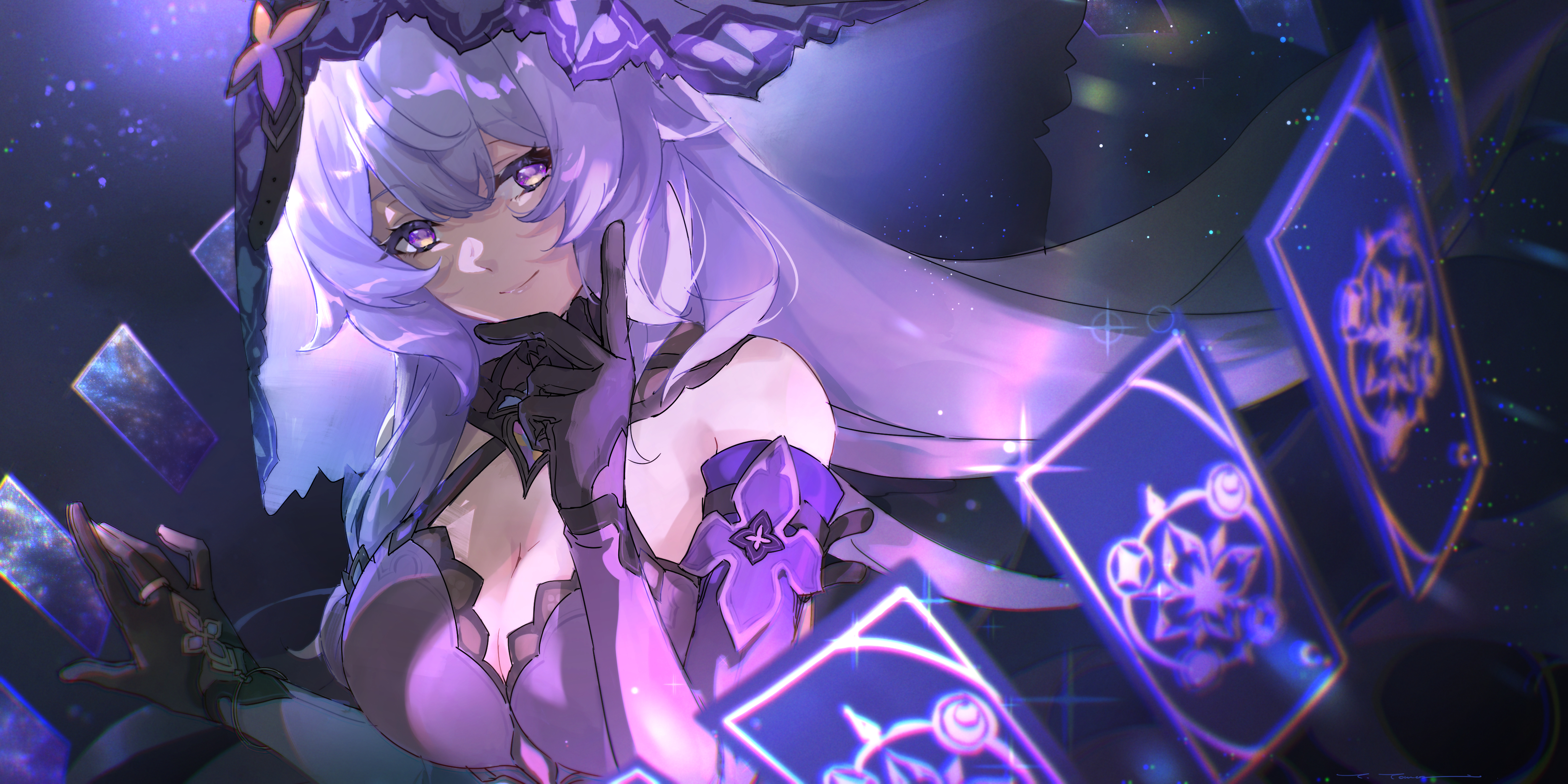 absurdres black_gloves black_swan_(honkai:_star_rail) breasts card detached_sleeves gloves highres honkai:_star_rail honkai_(series) large_breasts multicolored_eyes playing_card purple_hair smile veil yama_ta_yomogi