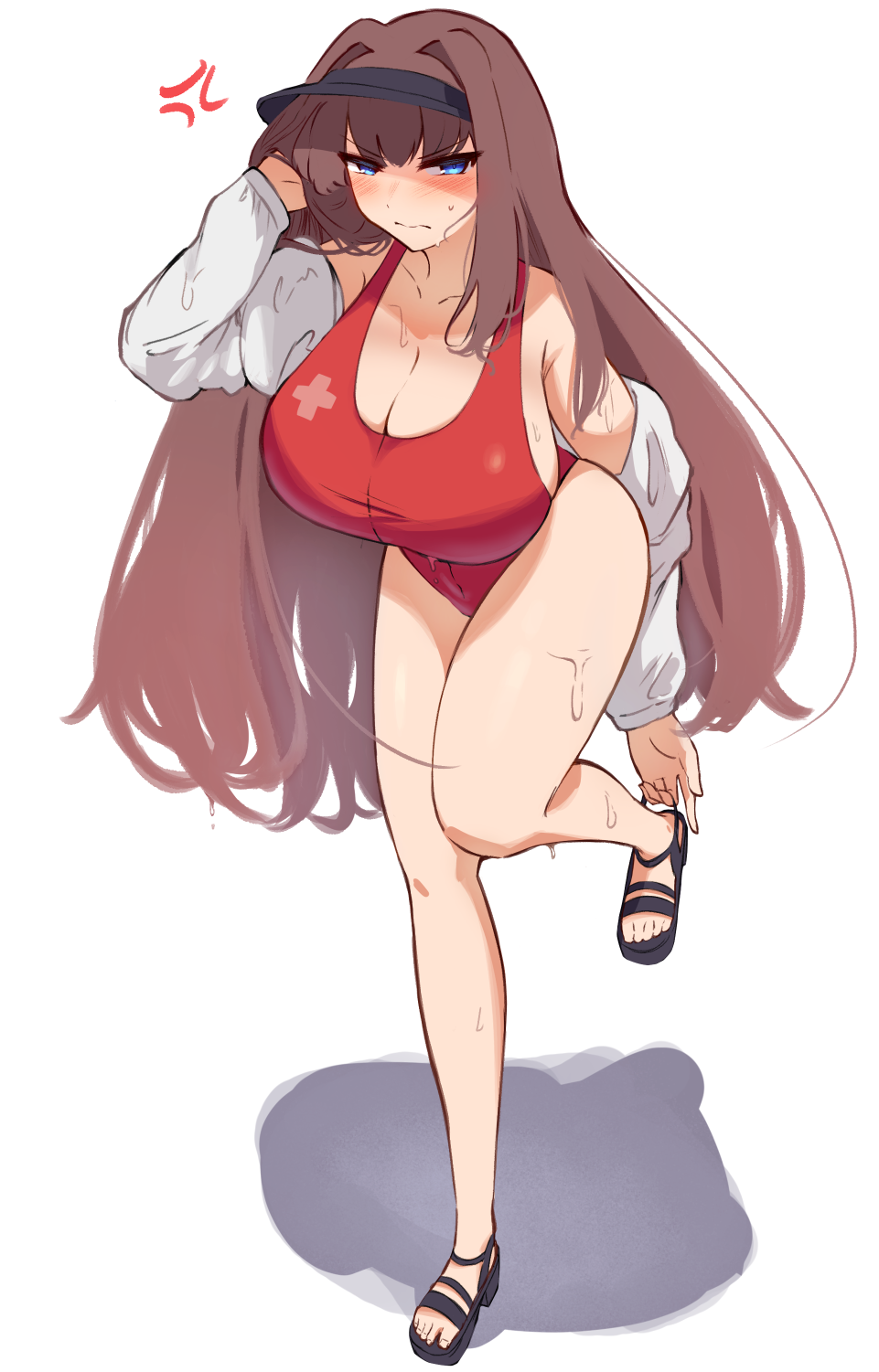 1girl aozaki_aoko bare_shoulders blue_eyes blush breasts brown_hair cleavage commentary commission english_commentary full_body highres jacket large_breasts long_hair long_sleeves looking_at_viewer mahou_tsukai_no_yoru off_shoulder one-piece_swimsuit red_one-piece_swimsuit sandals solo swimsuit vinsycal visor_cap wet white_jacket