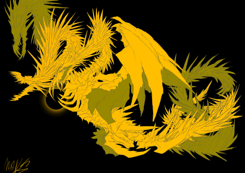 alien aura black_background black_hole claws dragon dragon_horns eldritch_abomination electricity_elemental elemental_(creature) energy energy_being extradimensional_being giant giant_monster glowing godzilla:_planet_of_the_monsters godzilla:_the_planet_eater godzilla_(series) gold horns kaiju king_ghidorah light_elemental lightning_elemental monster multiple_heads no_eyes no_humans open_mouth plaguebr scales sharp_teeth space space_monster tail teeth wings