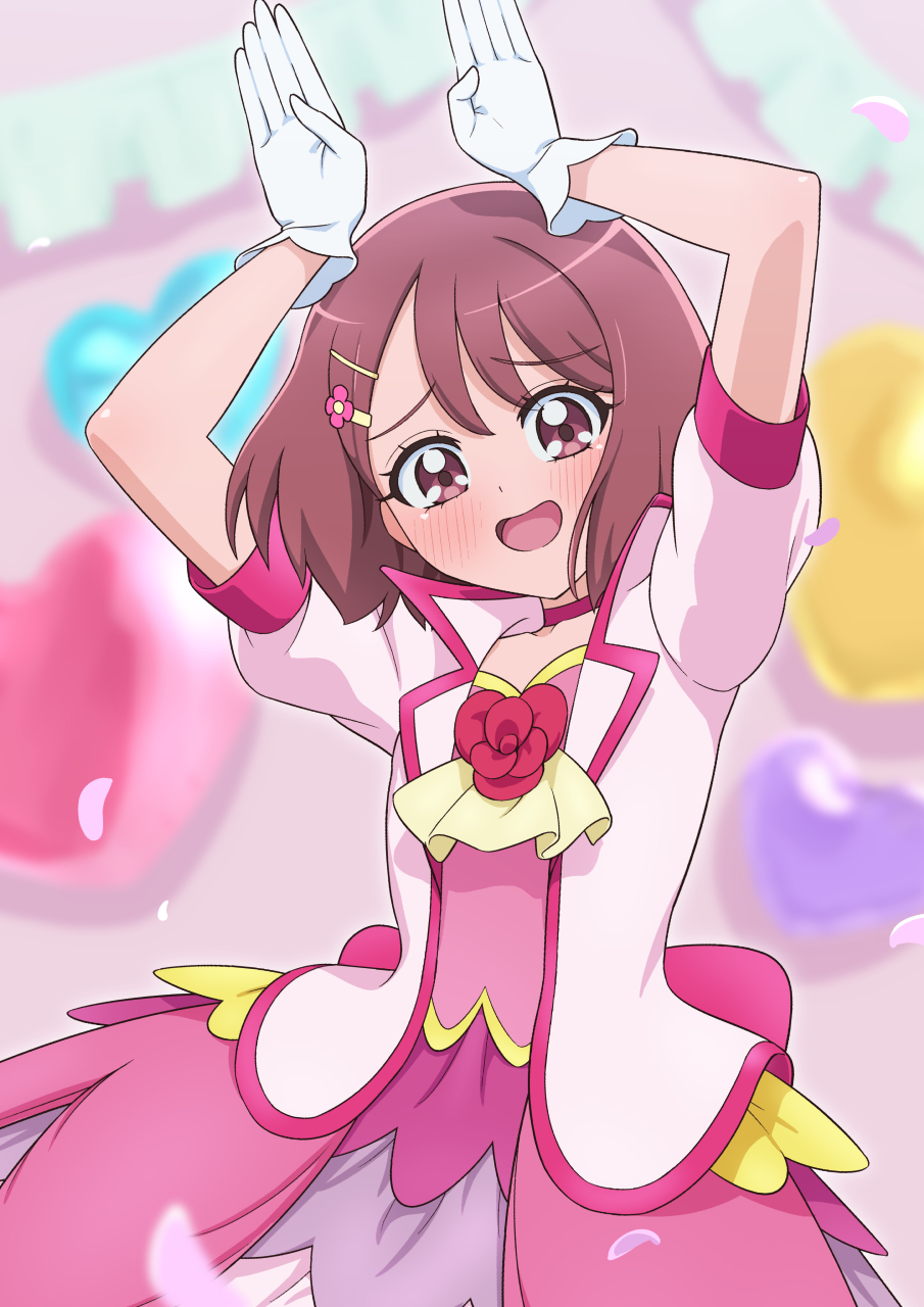 1girl :d arms_up ascot balloon blurry blurry_background blush bob_cut brooch choker commentary cosplay cure_grace cure_grace_(cosplay) dress embarrassed flower flower_brooch forced_smile furrowed_brow gloves hair_between_eyes hair_flower hair_ornament hairclip hanadera_nodoka healin&#039;_good_precure heart heart_balloon highres indoors jacket jewelry looking_at_viewer magical_girl open_mouth petals pink_choker pink_dress pink_eyes pink_hair pink_jacket pink_petals precure puffy_short_sleeves puffy_sleeves rabbit_pose self_cosplay short_dress short_hair short_sleeves smile solo standing tiler_(tiler00) upper_body white_gloves yellow_ascot