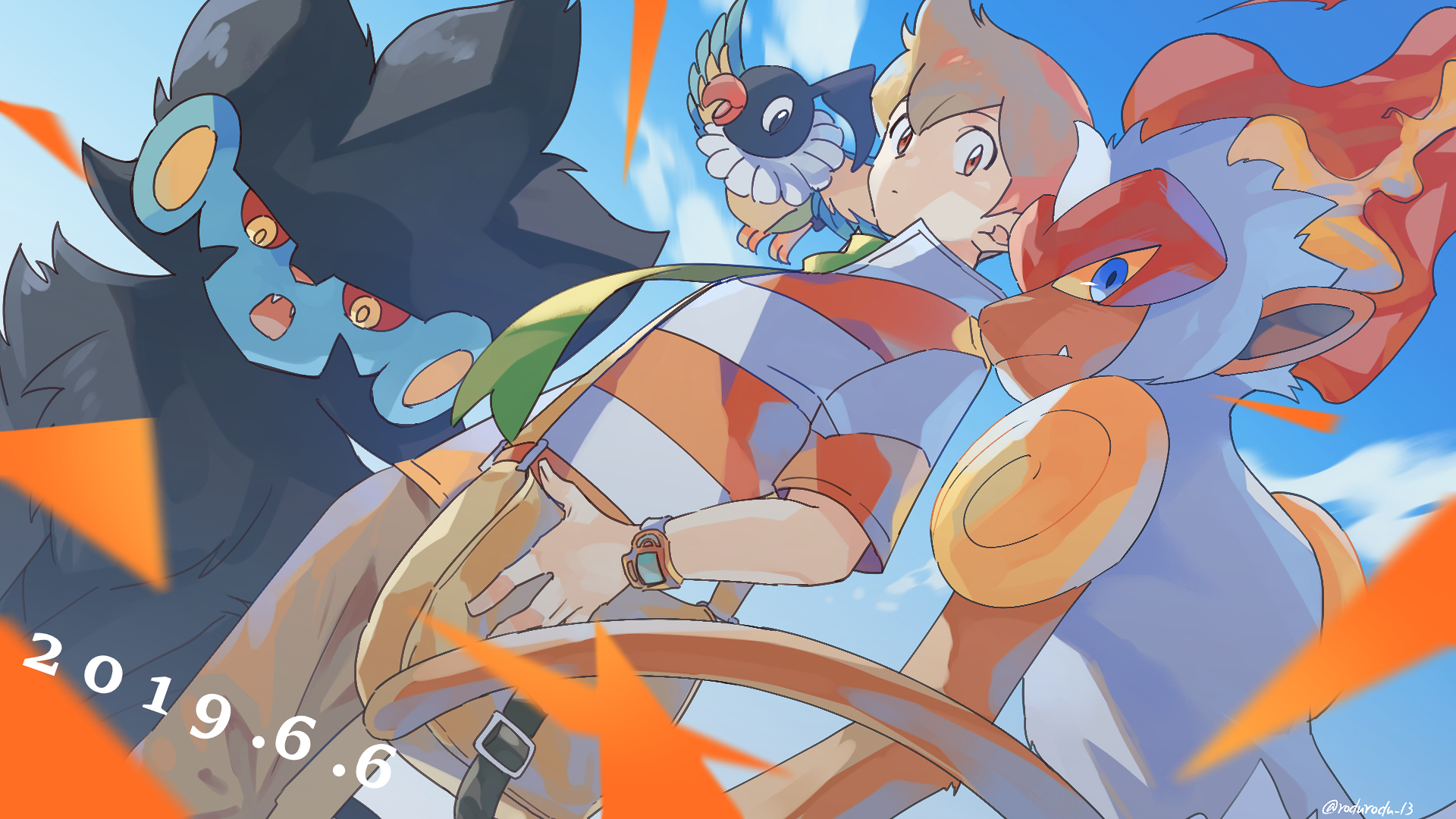 1boy bag barry_(pokemon) blue_eyes blue_sky brown_bag brown_hair chatot colored_sclera dated fang gen_4_pokemon highres infernape luxray nintendo outdoors pokemon pokemon_(creature) pokemon_adventures red_sclera rozu_ki shirt short_sleeves sky striped_clothes striped_shirt watch wristwatch yellow_eyes