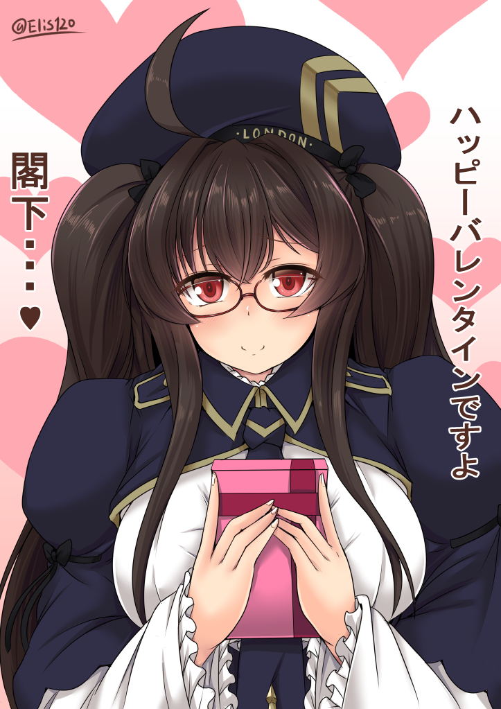 1girl ahoge azur_lane beret blush box breasts brown_hair elis_120 frilled_sleeves frills gift gift_box glasses hat large_breasts london_(azur_lane) london_(retrofit)_(azur_lane) necktie puffy_sleeves red_eyes sidelocks smile twintails valentine wide_sleeves