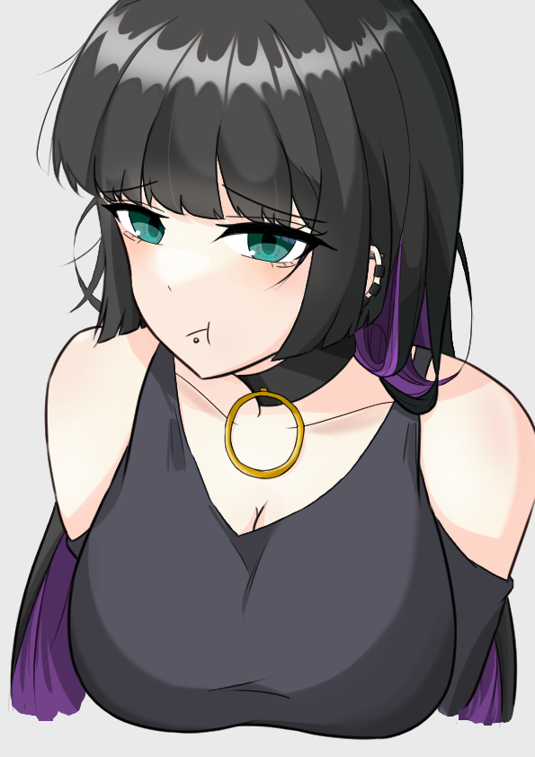 1girl aqua_eyes barbell_piercing bare_shoulders bigthirteen0301 black_choker black_dress black_hair blush bocchi_the_rock! breasts chin_piercing choker cleavage closed_mouth clothing_cutout collarbone colored_inner_hair dress ear_piercing earrings goth_fashion hime_cut industrial_piercing jewelry labret_piercing large_breasts lip_piercing long_hair looking_at_viewer mouth_piercing multicolored_hair pa-san piercing pout purple_hair shoulder_cutout simple_background sleeveless sleeveless_dress solo striped_clothes upper_body white_background