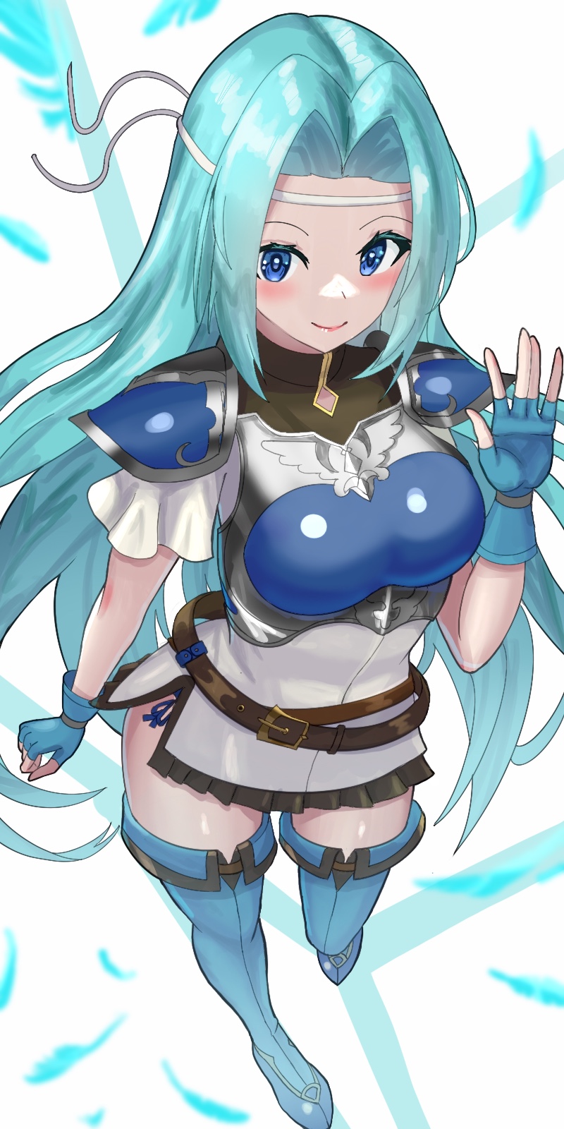 1girl aqua_hair armor blue_eyes blue_footwear blue_gloves breastplate closed_mouth fiora_(fire_emblem) fire_emblem fire_emblem:_the_blazing_blade full_body gloves headband highres looking_at_viewer nintendo shoulder_armor shoulder_pads smile solo tarutaru193 waving