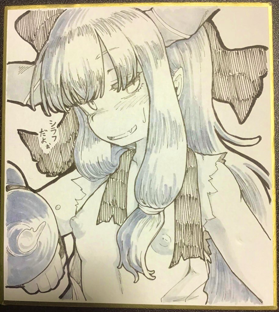 1girl blush bow breasts commentary_request fang gourd greyscale hair_bow horns ibuki_suika long_hair looking_at_viewer monochrome nipples open_clothes open_mouth open_shirt pointy_ears shika_miso shikishi shirt sidelocks simple_background sleeveless sleeveless_shirt small_breasts smile solo touhou translation_request upper_body
