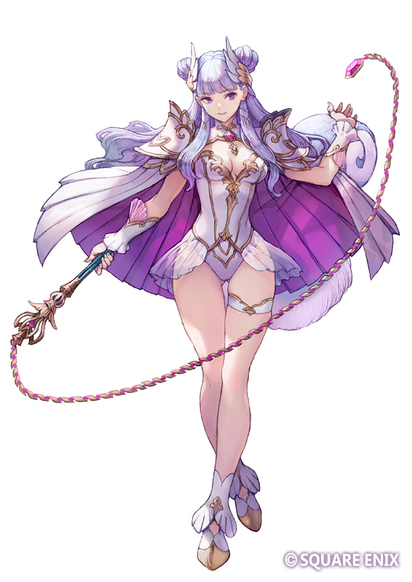 1girl armor breasts cape cleavage commentary_request double_bun full_body haccan hair_bun hair_ornament highleg highleg_leotard holding holding_weapon leotard long_hair looking_at_viewer medium_breasts palamena_(visions_of_mana) purple_eyes purple_hair seiken_densetsu shoulder_armor simple_background smile solo squirrel_tail tail thigh_strap visions_of_mana weapon white_background white_leotard wing_hair_ornament