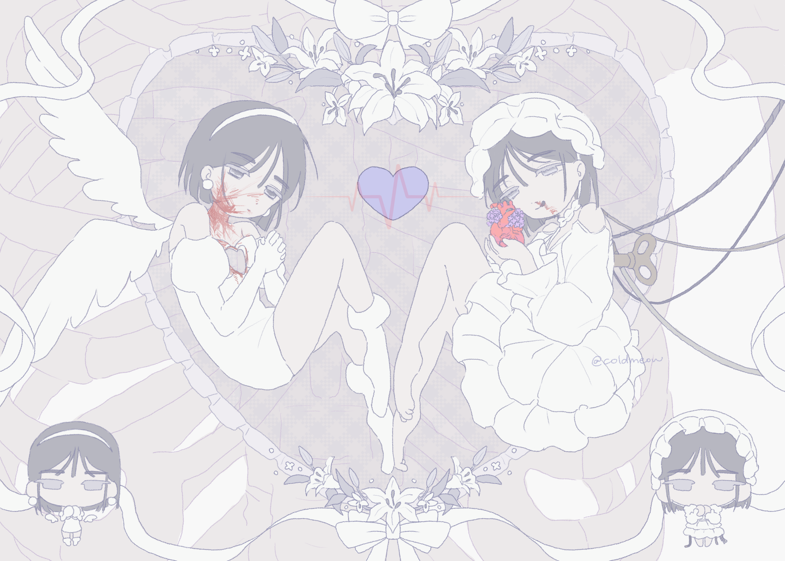 2girls alien_stage barefoot black_hair blood blood_on_face blood_on_neck bonnet cardiogram chibi chinese_commentary coldmeow commentary_request dress dual_persona earrings elbow_gloves flower frilled_dress frills gloves hairband heart highres holding holding_heart jewelry juliet_sleeves licking_blood lily_(flower) long_sleeves multiple_girls puffy_sleeves purple_eyes shoes short_hair signature sphere_earrings sua_(alien_stage) white_bonnet white_dress white_flower white_gloves white_hairband white_lily white_shoes winding_key