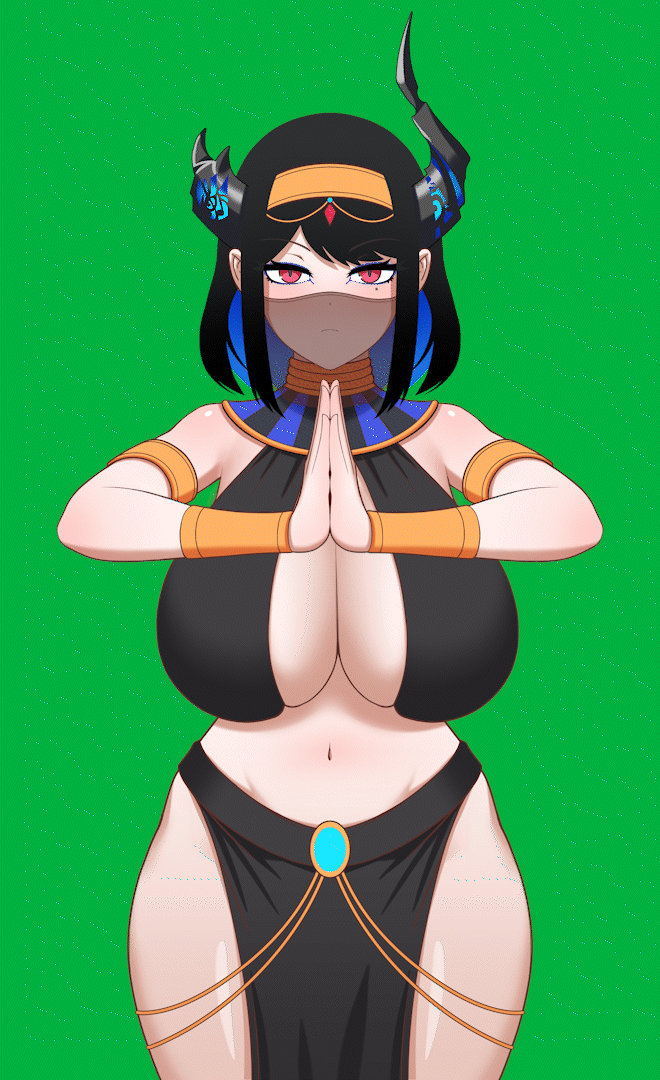 1girl alternate_breast_size alternate_costume alternate_hairstyle ancient_egyptian ancient_egyptian_clothes animated animated_gif animation_meme armlet ass_shake asymmetrical_horns bare_shoulders black_hair blue_hair breasts center_opening cipher4109 cleavage closed_mouth colored_inner_hair commentary cowboy_shot curvy dancing demon_horns egyptian_trend_(meme) english_commentary gauntlets gem gold_armlet gold_choker gold_trim gold_vambraces hololive hololive_english horns huge_breasts jewelry light_frown looking_at_viewer meme minna_no_rhythm_tengoku mole mole_under_eye mouth_veil multicolored_hair navel nerissa_ravencroft own_hands_together palms_together pelvic_curtain red_eyes red_gemstone rhythm_tengoku see-through_clothes see-through_veil short_hair sling_bikini_top solo standing stomach swaying_hip two-tone_hair usekh_collar veil virtual_youtuber wide_hips