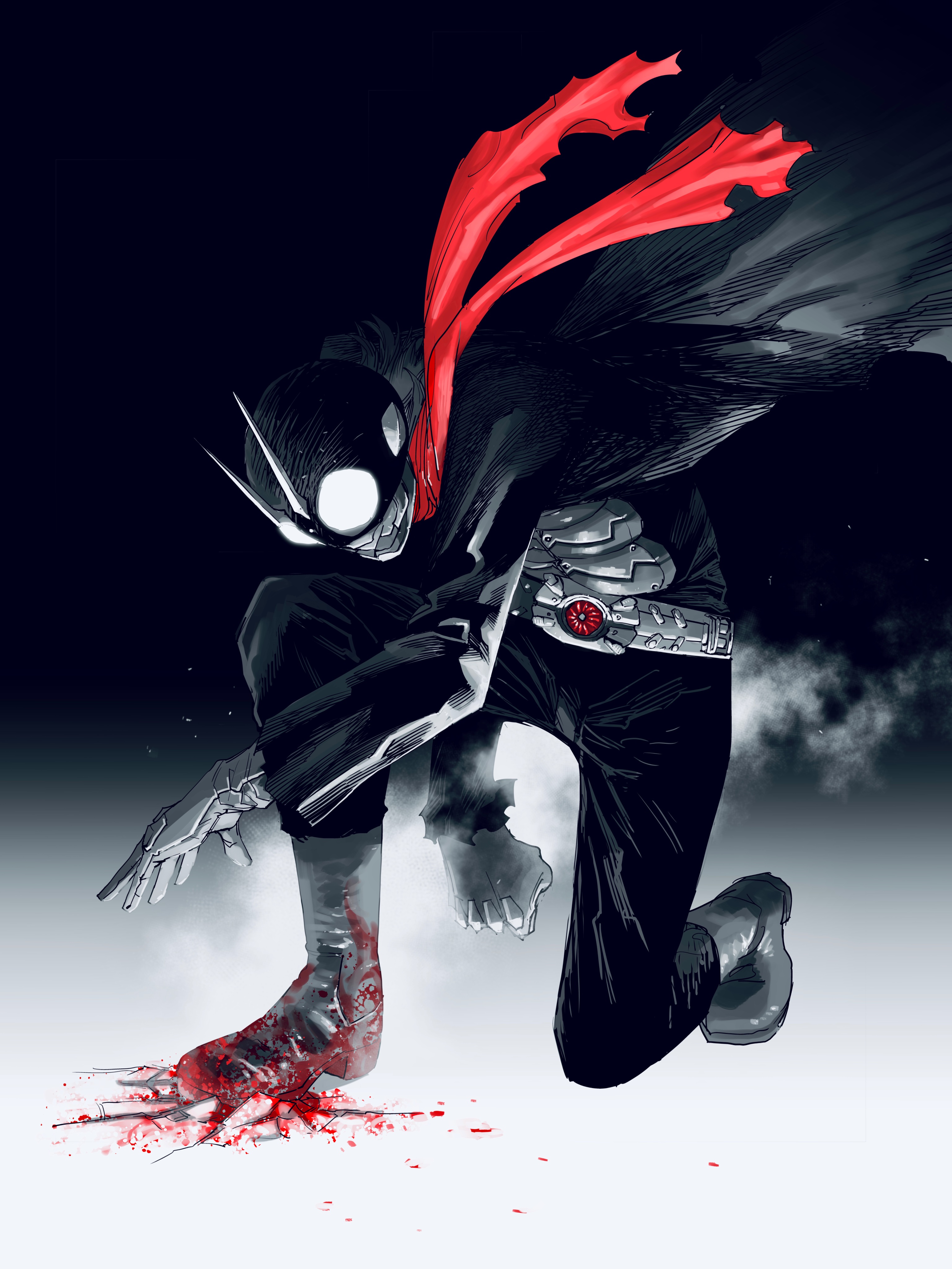 1boy absurdres armor black_background blood blood_on_shoes blood_splatter boots clenched_hand cyborg gloves highres kamen_rider kamen_rider_1 kamen_rider_1_(shin) landing male_focus manabu_yashiro on_one_knee open_hand red_scarf scarf shin_kamen_rider spot_color superhero_landing two-tone_background typhoon_(kamen_rider) white_background white_eyes