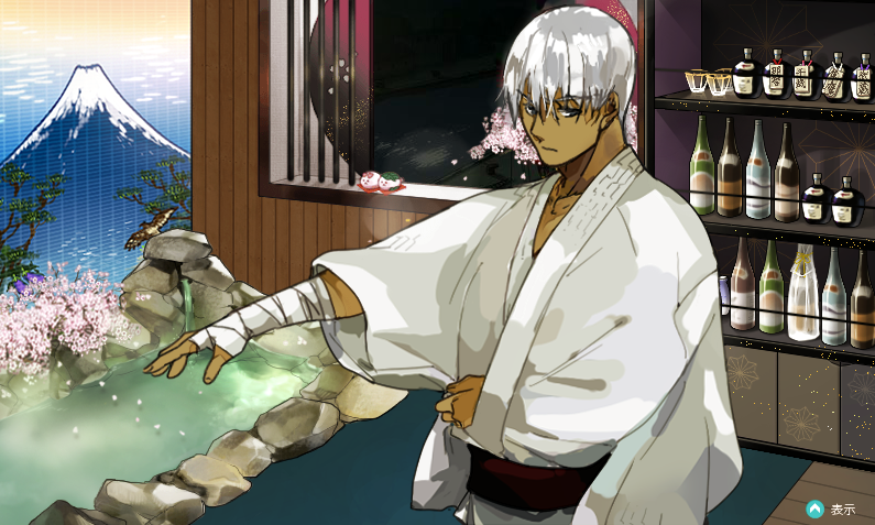 10s 1boy archer_(fate) architecture bedroom crimo dark_skin dark-skinned_male dressing east_asian_architecture fate/stay_night fate_(series) indoors japanese_clothes kantai_collection kimono male_focus mount_fuji solo white_hair