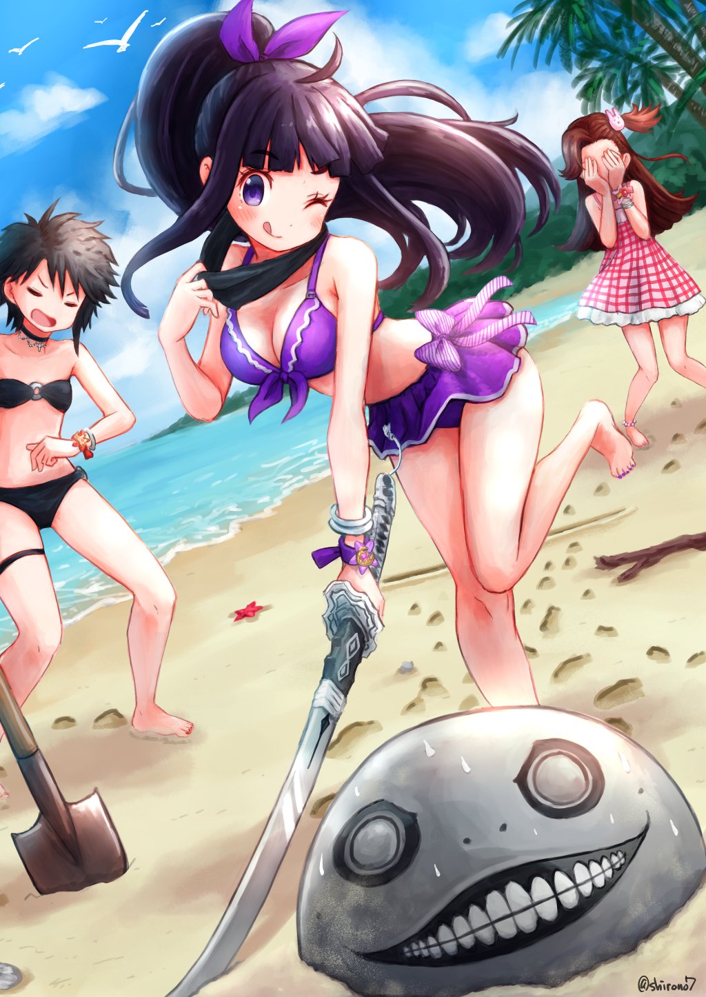 3girls ;q ahoge akaba_yukino alternate_costume alternate_hairstyle armpit_crease asymmetrical_bangs asymmetrical_hair bare_legs bare_shoulders barefoot beach bikini bikini_skirt black_bikini black_blindfold black_choker black_hair blindfold blindfold_pull blue_sky blush bow bow_bikini bracelet breasts brown_hair choker cleavage closed_eyes cloud cloudy_sky collarbone commentary_request covering_own_eyes cross cross_choker day dress dutch_angle emil_(nier) floating_hair footprints gems_company gingham_dress hair_bow hair_ornament hand_up hands_on_own_face hase_mikoto highres holding holding_sword holding_weapon jewelry knees_together_feet_apart large_breasts leaning_forward leg_up long_hair looking_at_viewer multiple_bracelets multiple_girls nail_polish naninu_nene nier_(series) o-ring o-ring_top ocean one_eye_closed one_side_up open_mouth outdoors palm_tree pearl_anklet pink_dress purple_bikini purple_bow purple_eyes purple_nails rabbit_hair_ornament red_nails sand seashell shell shirono short_dress short_hair shovel sidelocks simple_bird sky sleeveless sleeveless_dress small_breasts smile standing standing_on_one_leg starfish stomach strapless strapless_bikini striped_bow sweat swimsuit sword thick_eyelashes thigh_strap toenail_polish toenails tongue tongue_out tree twitter_username v-shaped_eyebrows very_long_hair virtual_youtuber weapon white_bow