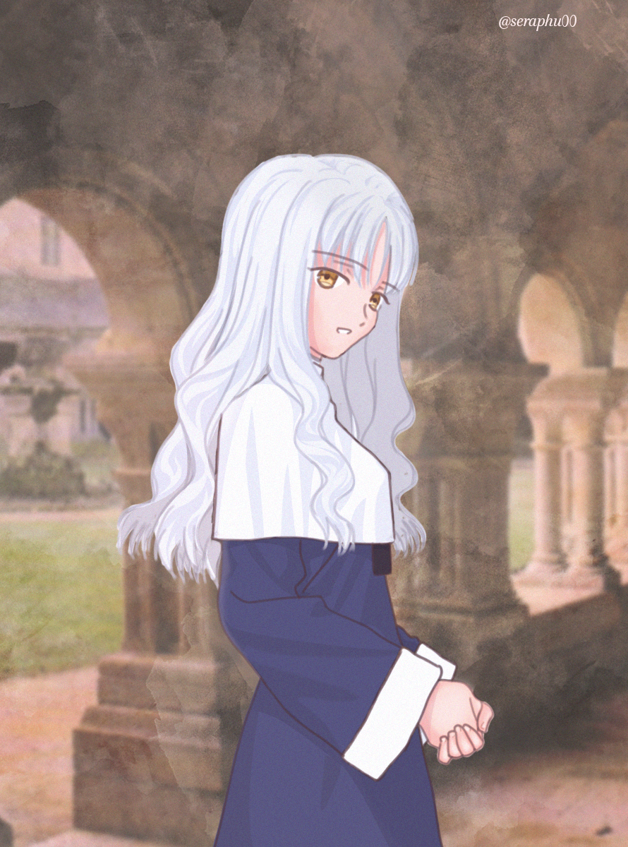 1girl breasts caren_hortensia cathedral dress fate/hollow_ataraxia fate_(series) highres layered_sleeves long_hair long_sleeves looking_at_viewer medium_breasts photo_background pillar seraphu00 signature smile solo wavy_hair white_hair yellow_eyes