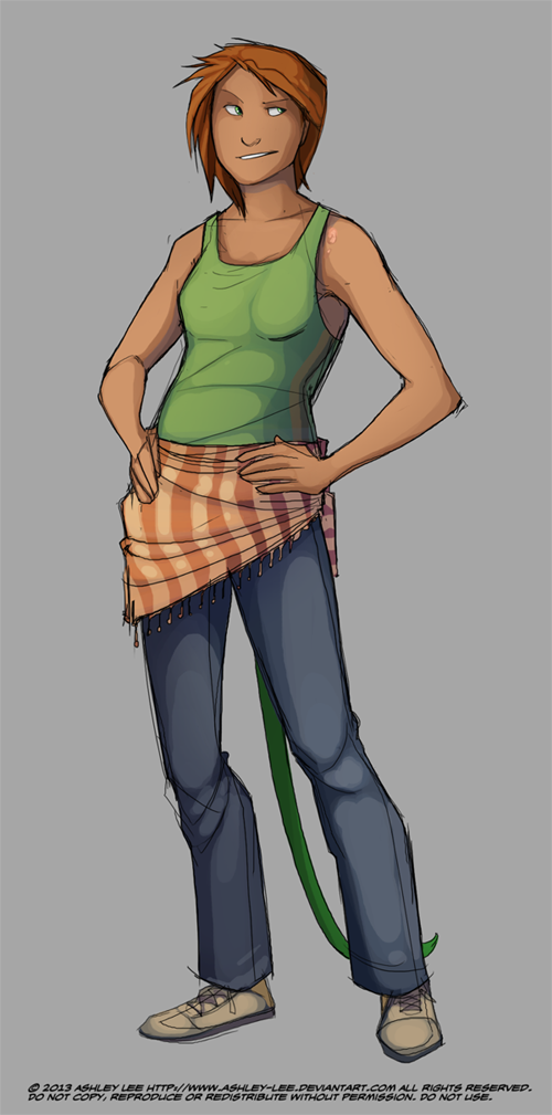 1girl clothes_around_waist collarbone dated denim english_text full_body greekceltic green_eyes green_tank_top hands_on_own_hips jacky_(greekceltic) jeans medium_hair orange_hair original pants scarf shoes signature simple_background smile solo tail tank_top