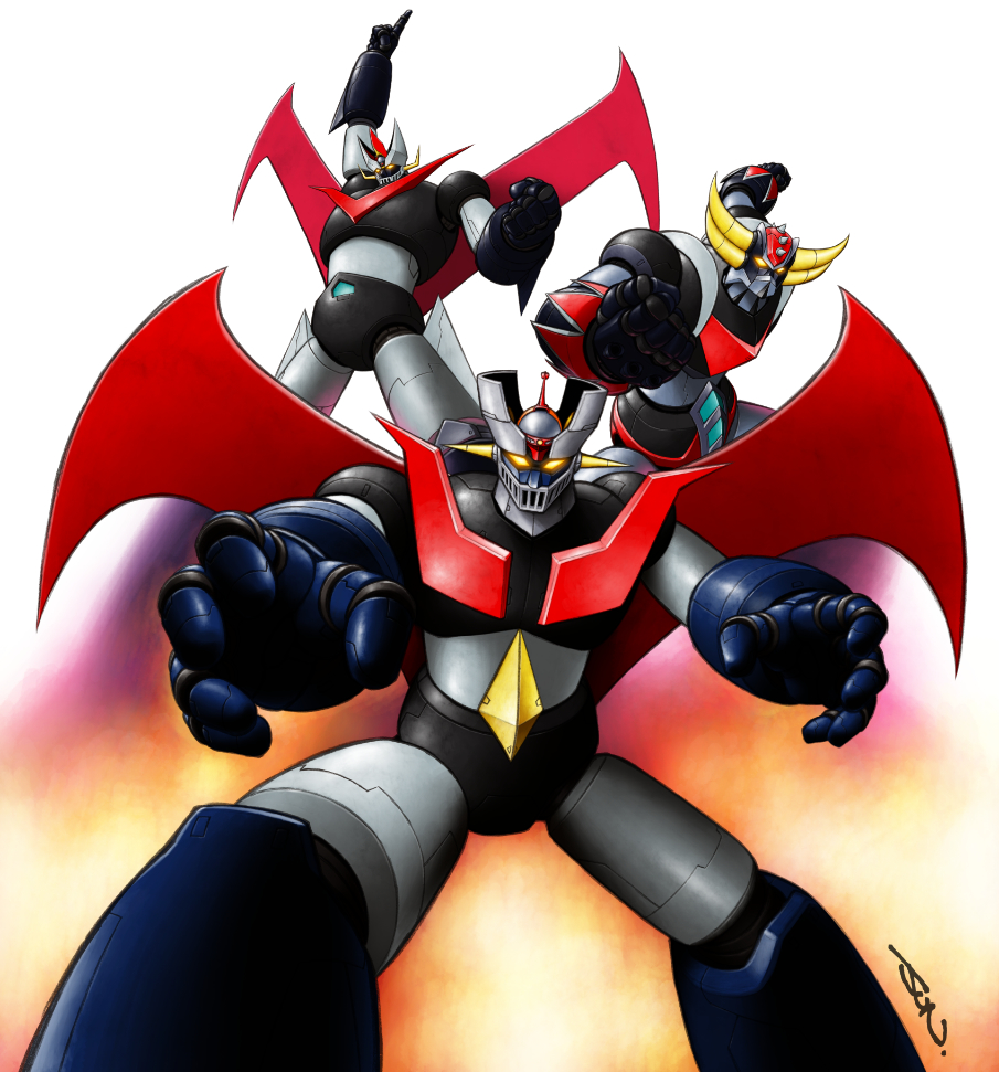 arm_up clenched_hand clenched_hands commentary_request feet_out_of_frame glowing glowing_eyes great_mazinger great_mazinger_(robot) grendizer index_finger_raised looking_at_viewer mazinger_(series) mazinger_z mazinger_z_(mecha) mecha mecha_focus nakamura_jun&#039;ichi no_humans open_hands outstretched_arms radio_antenna robot science_fiction signature standing super_robot ufo_robo_grendizer yellow_eyes