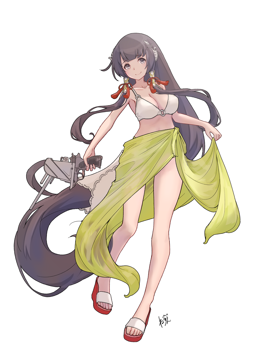 1girl adapted_turret artist_name bare_shoulders bikini black_hair breasts closed_mouth collarbone full_body green_sarong grey_eyes hair_tubes highres holding holding_cloth holding_weapon kantai_collection large_breasts long_hair looking_at_viewer mizuho_(kancolle) neve_(morris-minicooper) o-ring o-ring_bikini o-ring_top sandals sarong sidelocks simple_background smile solo standing swimsuit very_long_hair weapon white_background white_bikini