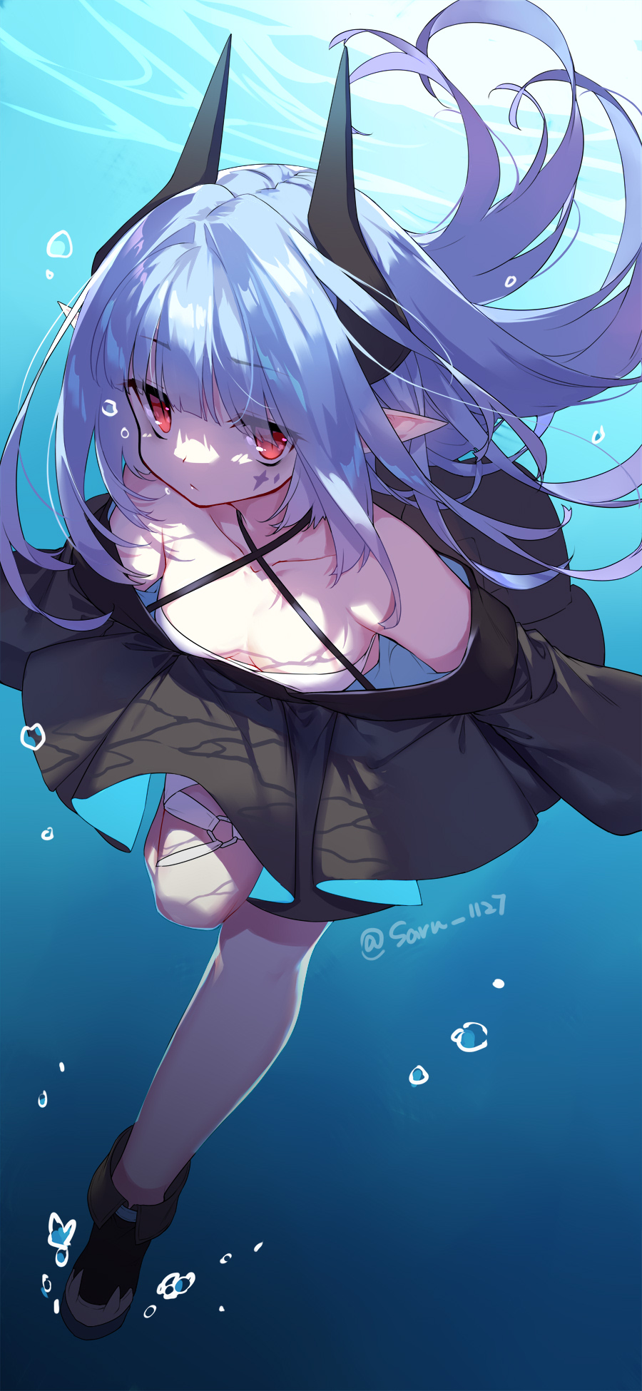 1girl bare_shoulders black_dress black_shoes blue_hair blunt_bangs bubble closed_mouth collarbone copyright_request criss-cross_halter dress facial_mark floating_hair full_body halter_dress halterneck highres horns long_hair long_sleeves looking_at_viewer pointy_ears red_eyes saru shoes solo twitter_username underwater