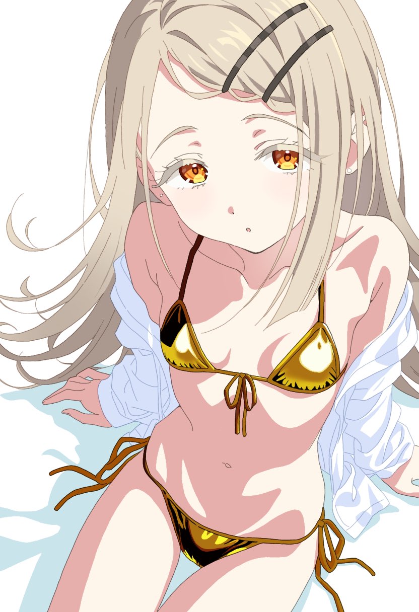 1girl bare_shoulders bikini blonde_hair breasts clothes_down collarbone colored_shadow earrings flipped_hair from_above front-tie_bikini_top front-tie_top gakuen_idolmaster gold_bikini golden_week_bikini hair_ornament hairclip highres idolmaster jewelry long_hair long_sleeves looking_at_viewer navel nekokawa_isugi open_clothes open_shirt orange_eyes parted_lips shadow shinosawa_hiro shirt side-tie_bikini_bottom simple_background sitting small_breasts solo swimsuit thigh_gap upturned_eyes white_background white_shirt