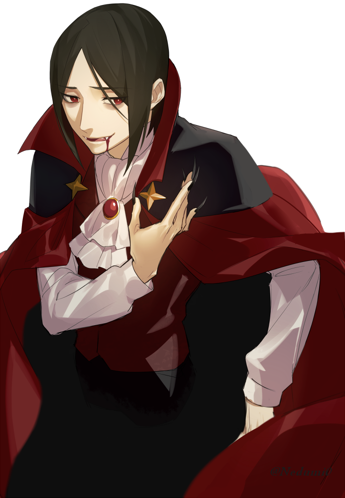 1boy alternate_costume ascot blood blood_from_mouth bowing cape claws collared_jacket cropped_legs european_clothes fang fate/grand_order fate_(series) fingernails green_hair high_collar jacket long_sleeves looking_at_viewer male_focus ne_dzumi parted_bangs phantom_of_the_opera_(fate) red_cape red_eyes sharp_fingernails solo vampire_costume white_ascot