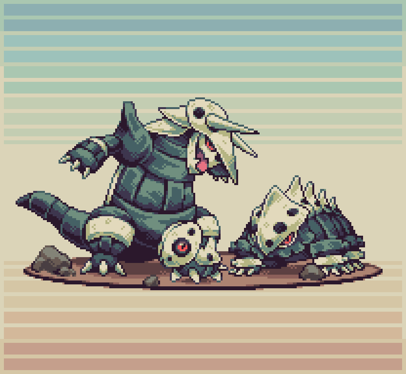abstract_background aggron alternate_color armlet aron closed_mouth dutch_angle empty_eyes evolutionary_line gen_3_pokemon horns jewelry lairon looking_at_viewer looking_up nintendo open_mouth outstretched_arms pixel_art pokemon pokemon_(creature) red_eyes rock roseypixels shiny_pokemon size_difference skull_ornament smile spikes