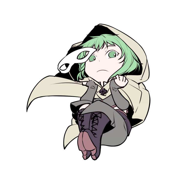 1girl boots braid chibi combat_boots cross domino_mask elbow_gloves evillious_nendaiki female_focus fingerless_gloves gloves green_eyes green_hair grey_skirt gumi high_heel_boots high_heels holding holding_unworn_clothes ichi_ka iron_cross lace-up_boots mask nemesis_no_juukou_(vocaloid) nemesis_sudou side_braid sidelocks skirt solo vocaloid