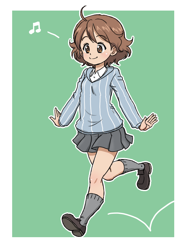 1girl ahoge bare_legs blue_sweater brown_eyes brown_hair collared_shirt curly_hair girls_und_panzer girls_und_panzer_saishuushou green_background grey_shoes grey_skirt grey_socks keizoku_school_uniform miniskirt musical_note outstretched_arms pleated_skirt reino_(girls_und_panzer) school_uniform shirt shoes short_hair simple_background skipping skirt smile socks spread_arms sweater takahashi_kurage vertical-striped_sweater white_shirt