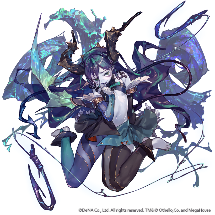1girl biting biting_own_thumb black_hair black_horns demon_girl fish_hook fishing_line full_body green_eyes horns leviathan_(othellonia) long_hair navel official_art othellonia simple_background so-taro solo toeless_legwear very_long_hair white_background