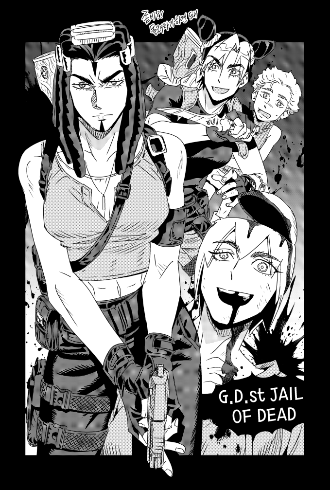 1boy 3girls arm_tattoo belt_pouch braid braided_ponytail breasts bun_with_braided_base cleavage commentary double_bun dreadlocks emporio_alnino ermes_costello fingerless_gloves foo_fighters_(jojo) gloves greyscale gun gun_on_back hair_bun handgun holding holding_gun holding_knife holding_weapon jeonjin_(mynamebazin) jewelry jojo_no_kimyou_na_bouken knife korean_text kuujou_jolyne medium_breasts midriff missing_tooth monochrome multicolored_hair multiple_girls navel necklace open_mouth open_skull pouch reverse_grip scared see-through_cleavage see-through_clothes serious short_hair sleeveless sleeveless_turtleneck smile stone_ocean symbol-only_commentary tank_top tattoo translation_request turtleneck two-tone_hair weapon weapon_on_back