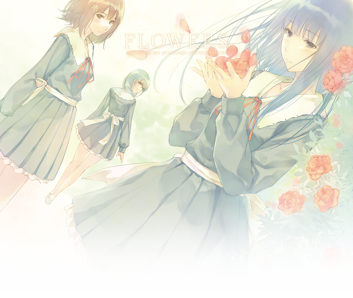 3girls copyright_name female_focus flower flowers_(innocent_grey) glasses hair_flower hair_ornament hairclip hanabishi_rikka highres innocent_grey kousaka_mayuri multiple_girls petals ribbon rose school_uniform shirahane_suou short_hair text_focus